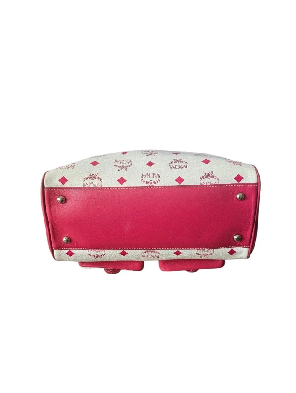 MCM Visetos Monogram Leather Pocket Boston Bag - Pink And White
